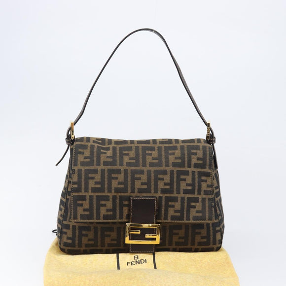 FENDI Zucca Canvas Mamma Baguette Shoulder Bag Black Brown Auth 204132V