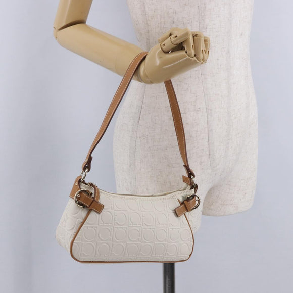 Salvatore Ferragamo Gancini Accessory Pouch PVC Canvas White Gold Auth 204147