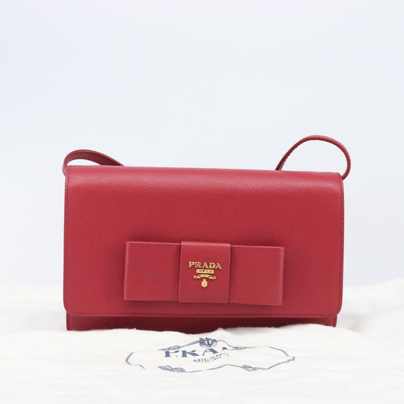 PRADA Chain Wallet Shoulder Bag Safiano leather Red Gold Auth 204149V