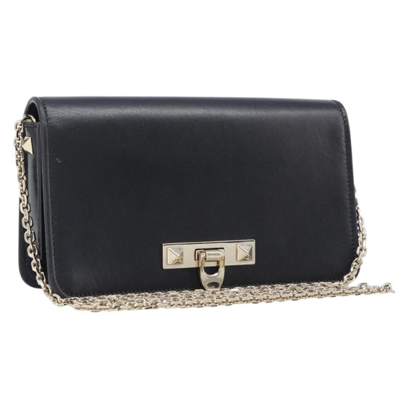 VALENTINO Chain Shoulder Bag Leather Black Gold Auth 204165V