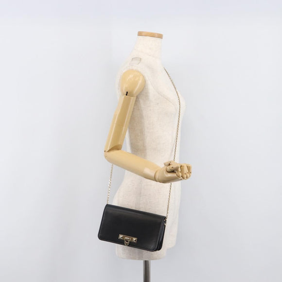 VALENTINO Chain Shoulder Bag Leather Black Gold Auth 204165V