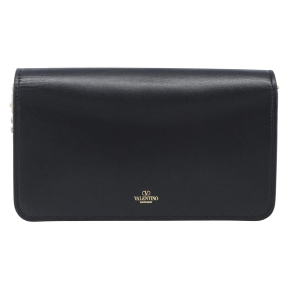 VALENTINO Chain Shoulder Bag Leather Black Gold Auth 204165V