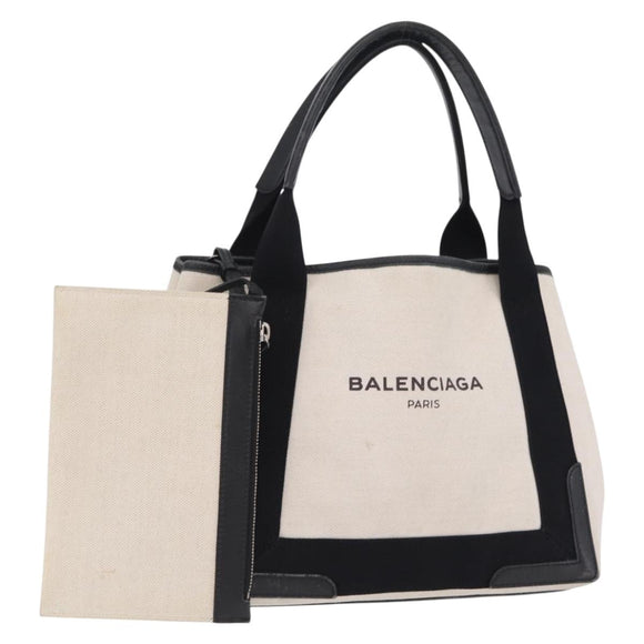 BALENCIAGA Navy Cabas S Hand Bag Canvas White Black 339933 Auth 204200