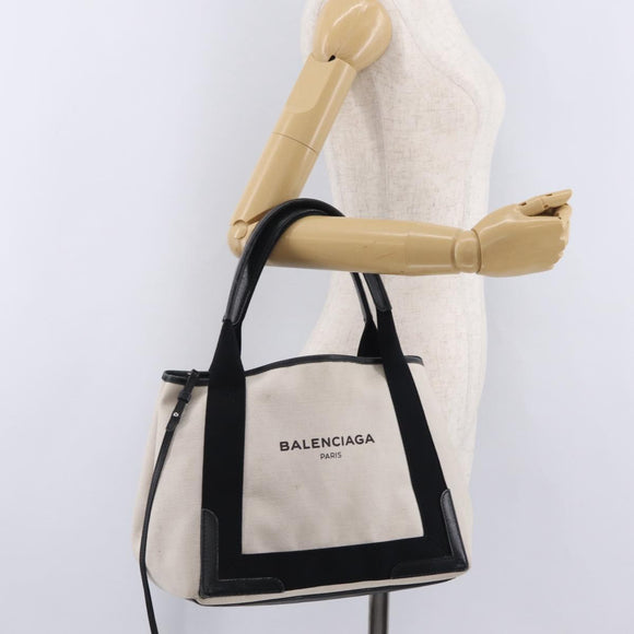 BALENCIAGA Navy Cabas S Hand Bag Canvas White Black 339933 Auth 204200