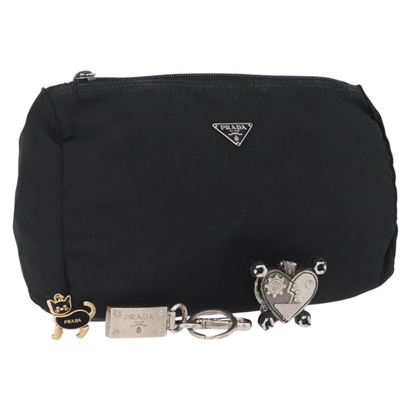 PRADA Pouch Nylon 4 Set Black Silver gold Auth 204250
