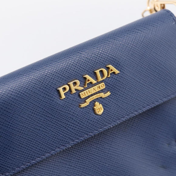 PRADA Chain Shoulder Wallet Safiano Leather Blue Gold Auth 204270