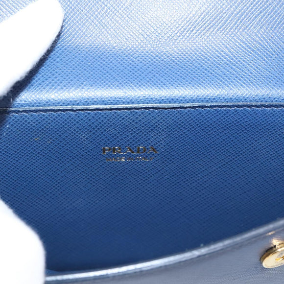 PRADA Chain Shoulder Wallet Safiano Leather Blue Gold Auth 204270