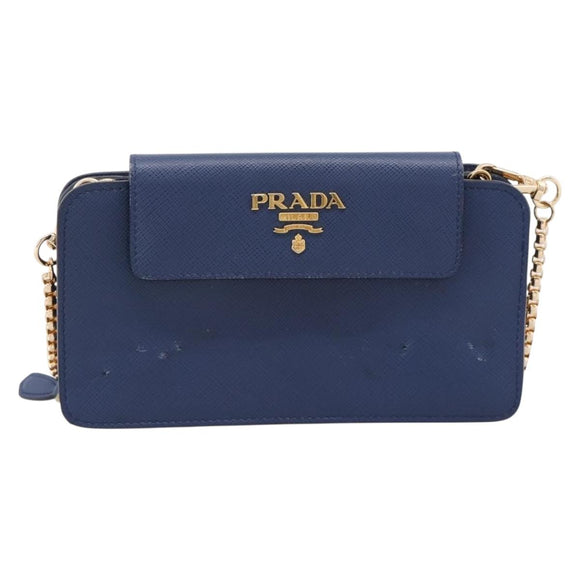 PRADA Chain Shoulder Wallet Safiano Leather Blue Gold Auth 204270