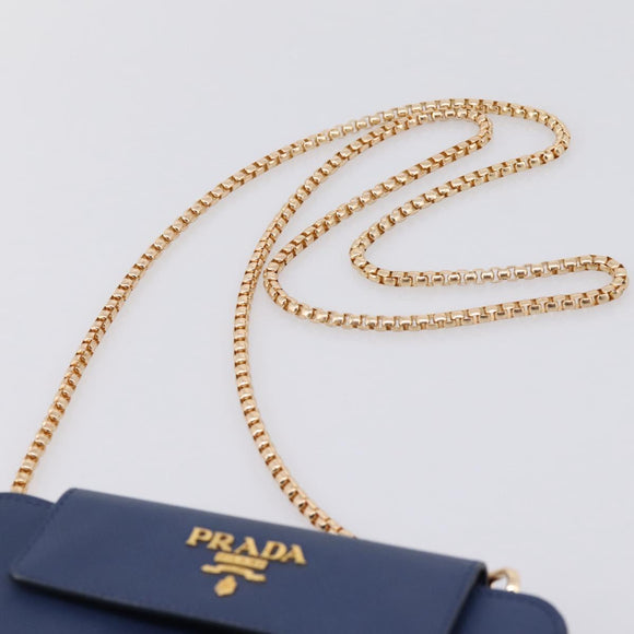 PRADA Chain Shoulder Wallet Safiano Leather Blue Gold Auth 204270