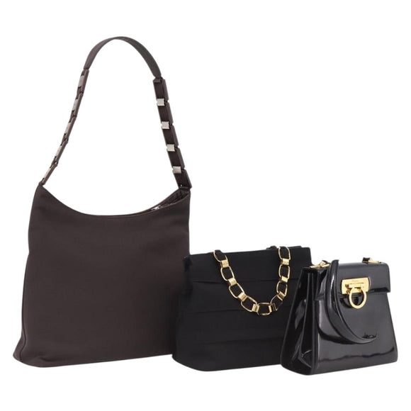 Salvatore Ferragamo Shoulder Bag Leather Canvas 3 Set Black Brown Auth 204276