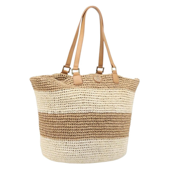 Tory Burch Tote Bag Raffia Beige Gold Tone Auth 204285A