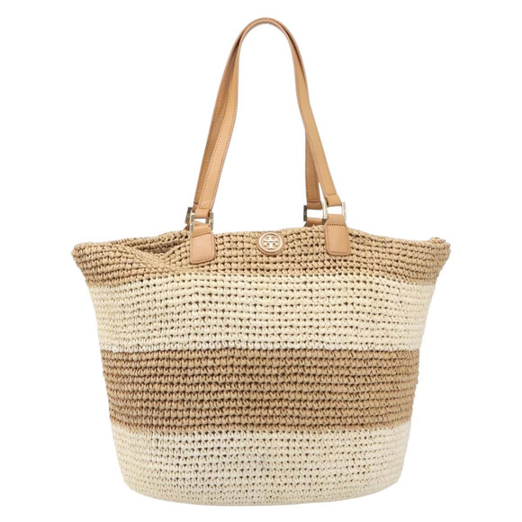 Tory Burch Tote Bag Raffia Beige Gold Tone Auth 204285A
