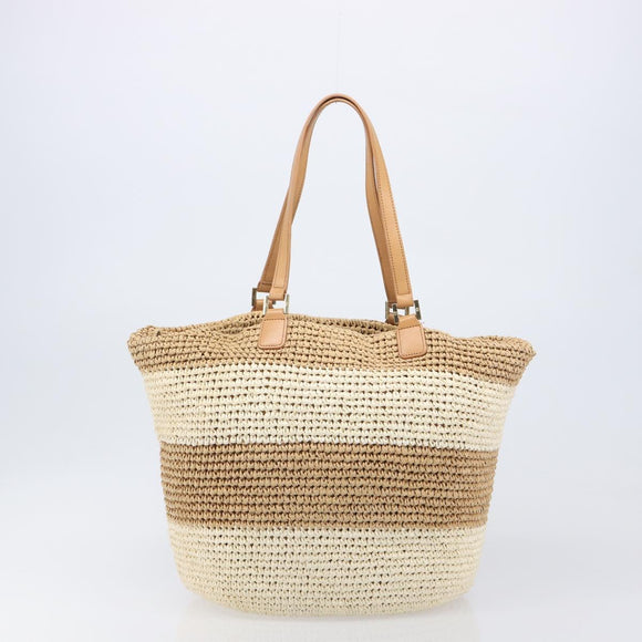 Tory Burch Tote Bag Raffia Beige Gold Tone Auth 204285A