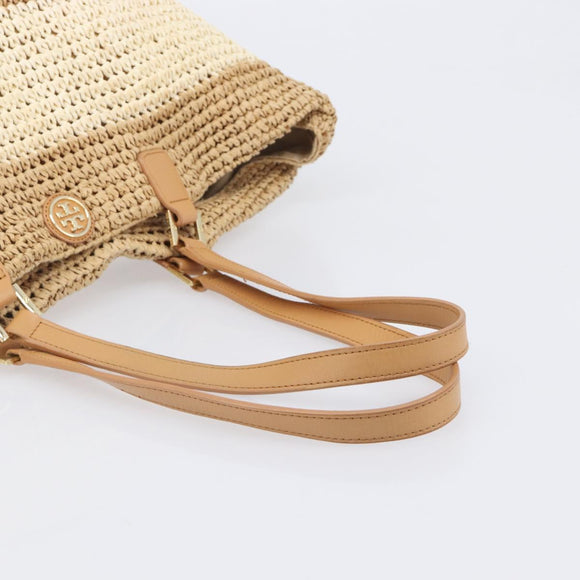 Tory Burch Tote Bag Raffia Beige Gold Tone Auth 204285A