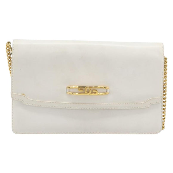 GUCCI Chain Shoulder Bag Leather White Gold Auth 204318
