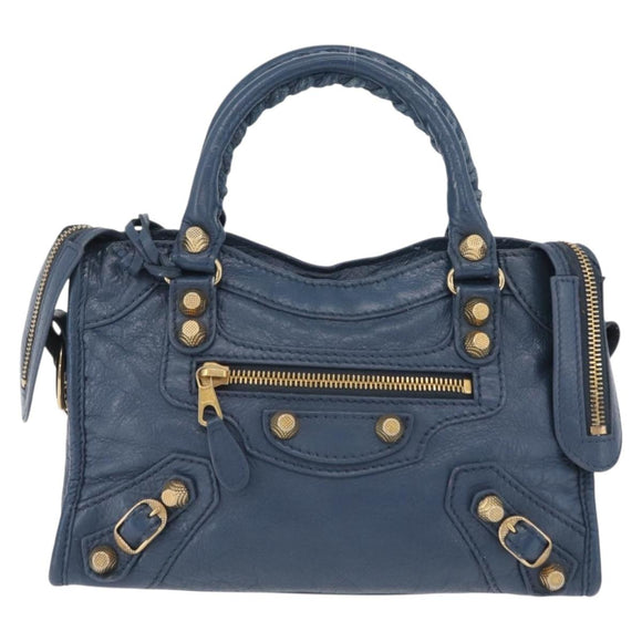 BALENCIAGA Giant Mini cCty Hand Bag Leather 2way Blue Gold 309544 Auth 204329M