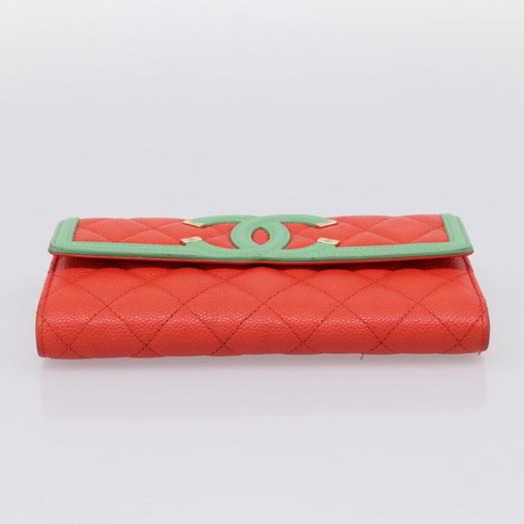 CHANEL CC Filigree Long Wallet Caviar Skin Red Gold CC Auth 204352M