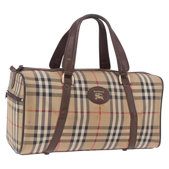Burberrys Nova Check Boston Bag Canvas Beige Gold Auth 204367