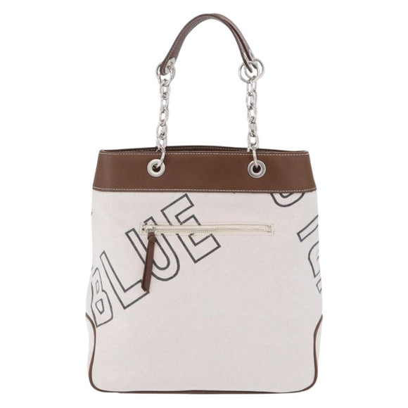 BURBERRY Blue Label Chain Tote Bag Canvas White Silver Auth 204369