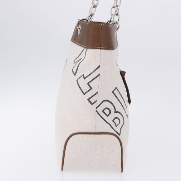 BURBERRY Blue Label Chain Tote Bag Canvas White Silver Auth 204369