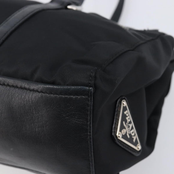 PRADA Hand Bag Nylon Leather Black Silver Auth 204382A