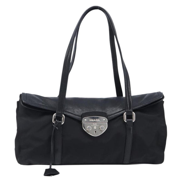 PRADA Hand Bag Nylon Leather Black Silver Auth 204382A