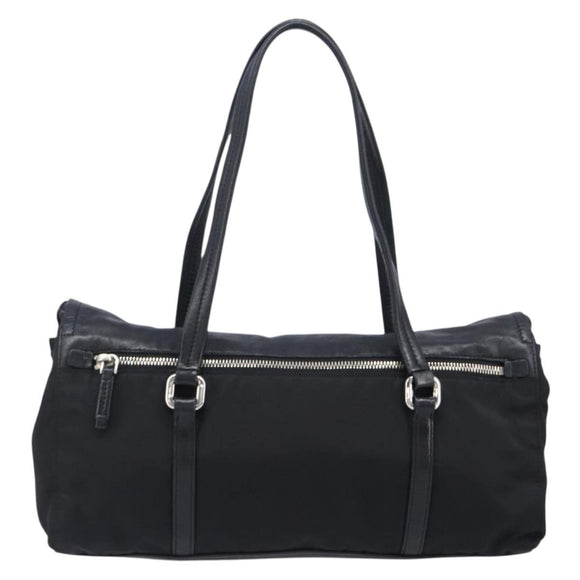 PRADA Hand Bag Nylon Leather Black Silver Auth 204382A