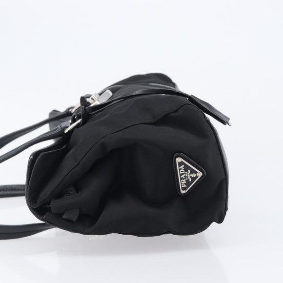 PRADA Hand Bag Nylon Leather Black Silver Auth 204382A
