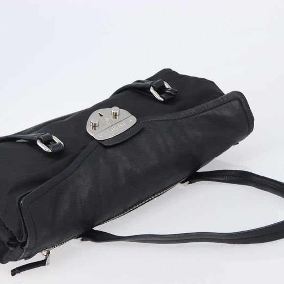 PRADA Hand Bag Nylon Leather Black Silver Auth 204382A
