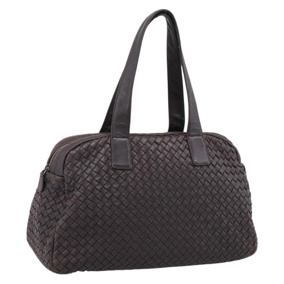 BOTTEGA VENETA INTRECCIATO Hand Bag Leather Dark Brown Silver Auth 204404