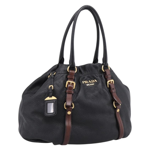 PRADA Tote Bag Vittero Dino Leather Black Gold Auth 204406