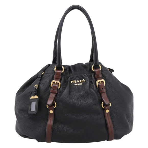 PRADA Tote Bag Vittero Dino Leather Black Gold Auth 204406