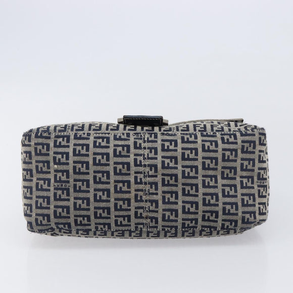FENDI Zucchino Canvas Mamma Baguette Shoulder Bag Navy Silver Auth 204423
