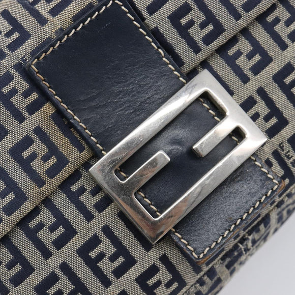 FENDI Zucchino Canvas Mamma Baguette Shoulder Bag Navy Silver Auth 204423