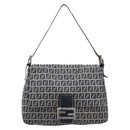 FENDI Zucchino Canvas Mamma Baguette Shoulder Bag Navy Silver Auth 204423-13