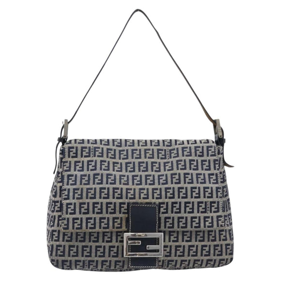 FENDI Zucchino Canvas Mamma Baguette Shoulder Bag Navy Silver Auth 204423