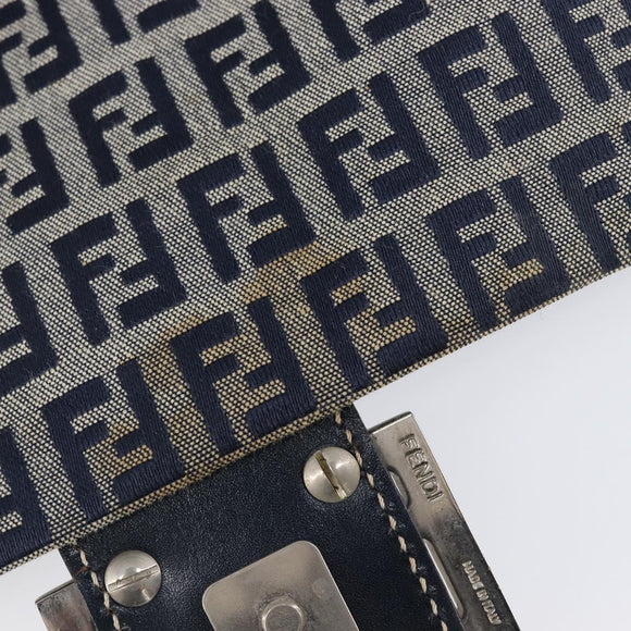 FENDI Zucchino Canvas Mamma Baguette Shoulder Bag Navy Silver Auth 204423
