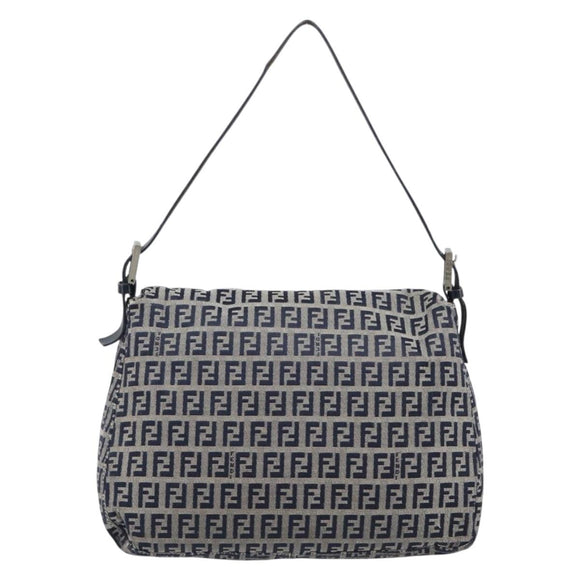 FENDI Zucchino Canvas Mamma Baguette Shoulder Bag Navy Silver Auth 204423