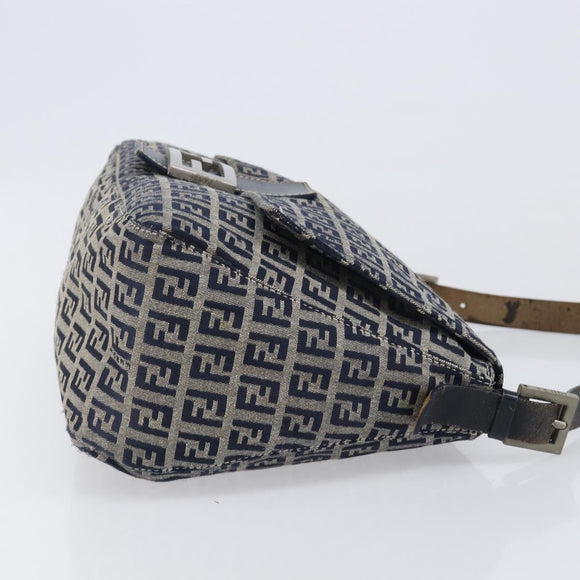 FENDI Zucchino Canvas Mamma Baguette Shoulder Bag Navy Silver Auth 204423