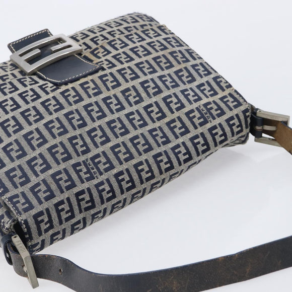 FENDI Zucchino Canvas Mamma Baguette Shoulder Bag Navy Silver Auth 204423
