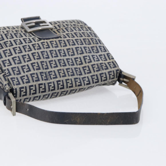 FENDI Zucchino Canvas Mamma Baguette Shoulder Bag Navy Silver Auth 204423