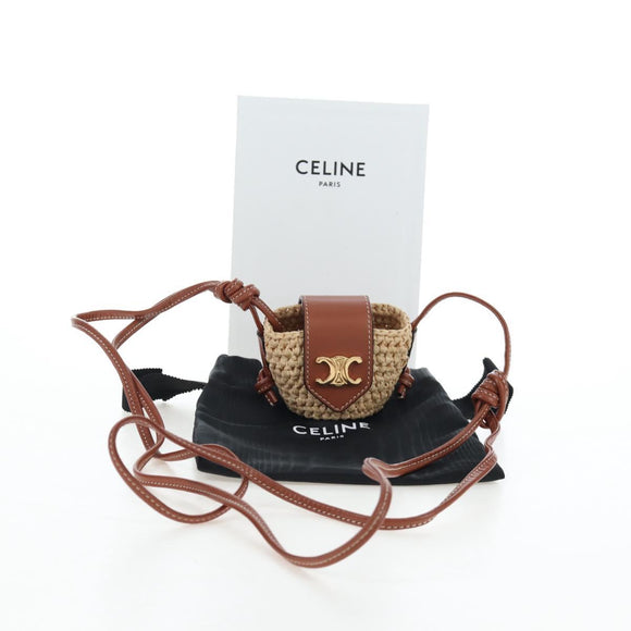 CELINE Mini Shoulder Pouch Raffia 2way Beige Gold Auth 204431M