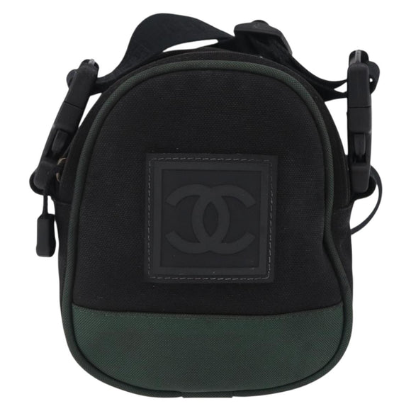CHANEL Sports Line Shoulder Bag Canvas Khaki Silver CC Auth 204439