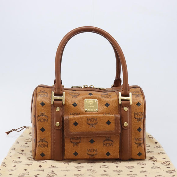 MCM Logogram Vicetos Boston Bag PVC Leather Brown Gold Auth 204458A
