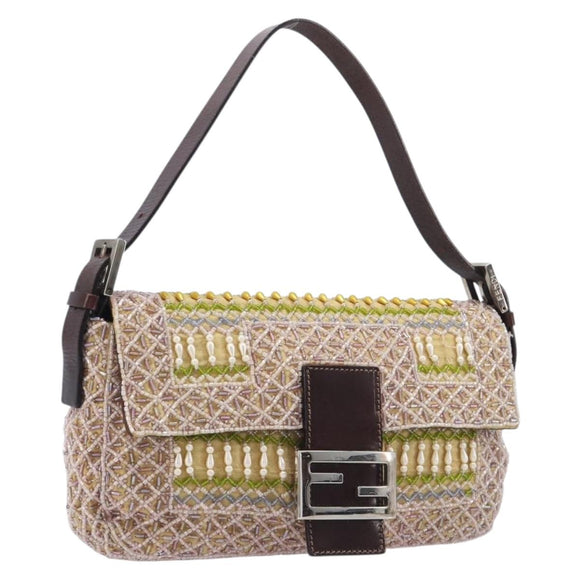 FENDI Mamma Baguette Shoulder Bag beads Pink Silver Auth 204490SM