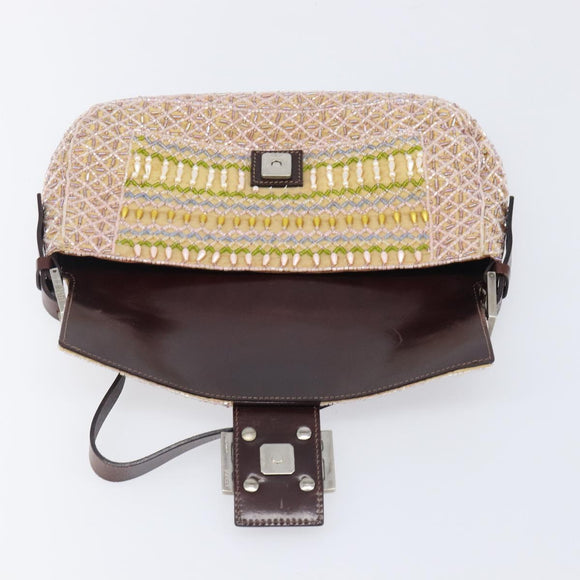 FENDI Mamma Baguette Shoulder Bag beads Pink Silver Auth 204490SM