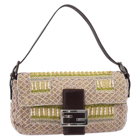 FENDI Mamma Baguette Shoulder Bag beads Pink Silver Auth 204490SM