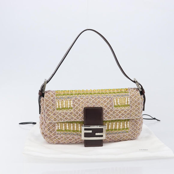 FENDI Mamma Baguette Shoulder Bag beads Pink Silver Auth 204490SM