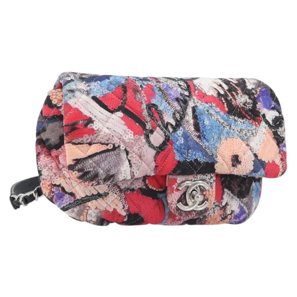 CHANEL Matelasse Chain Shoulder Bag Cotton Multicolor Silver CC Auth 204495M