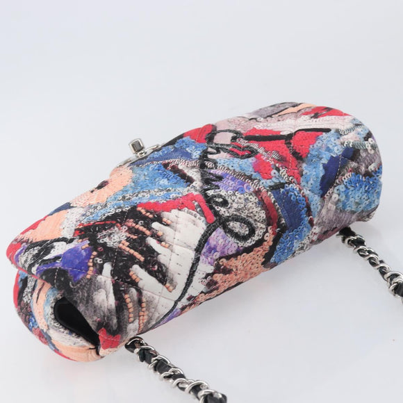 CHANEL Matelasse Chain Shoulder Bag Cotton Multicolor Silver CC Auth 204495M